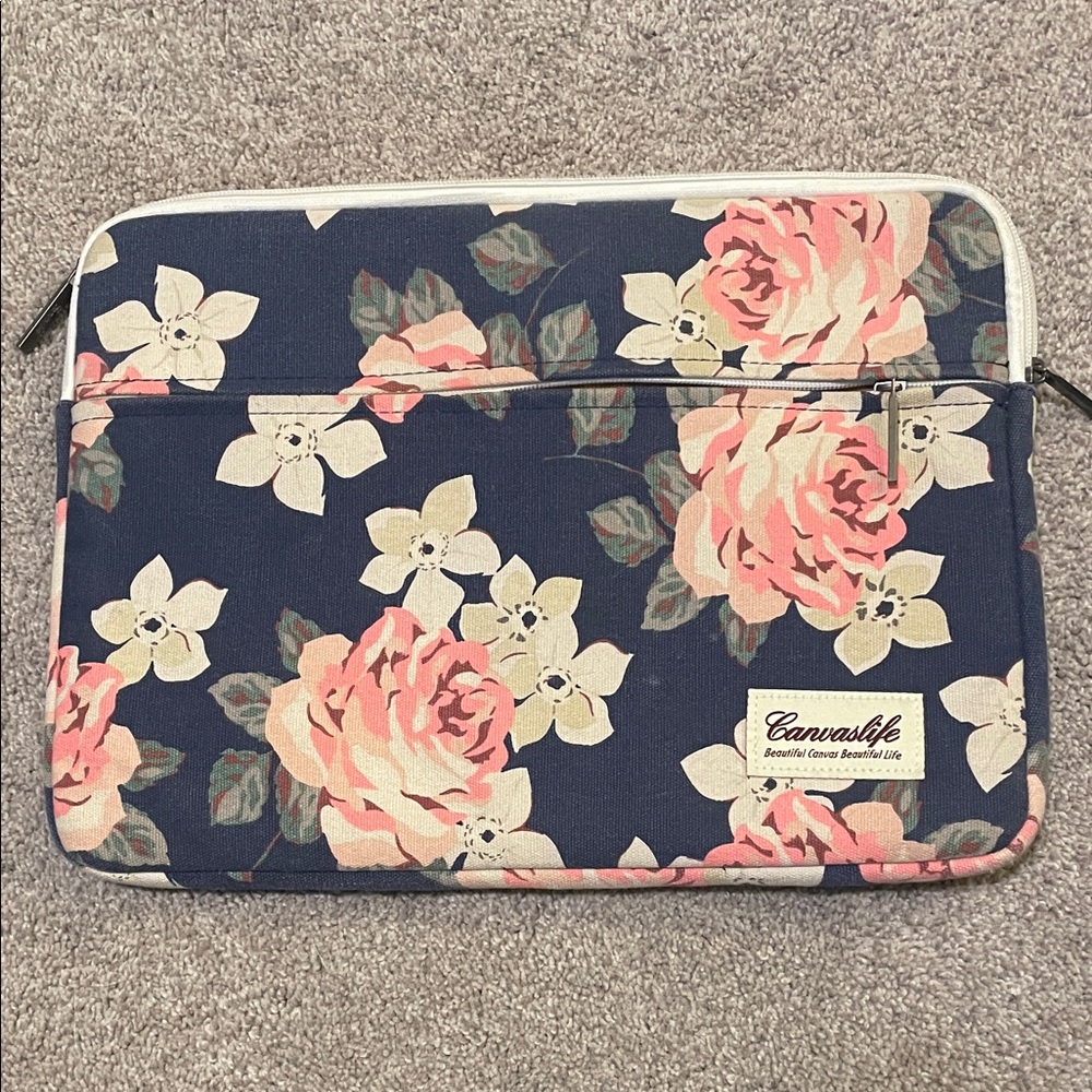 Floral Laptop Sleeve - Navy and Pink